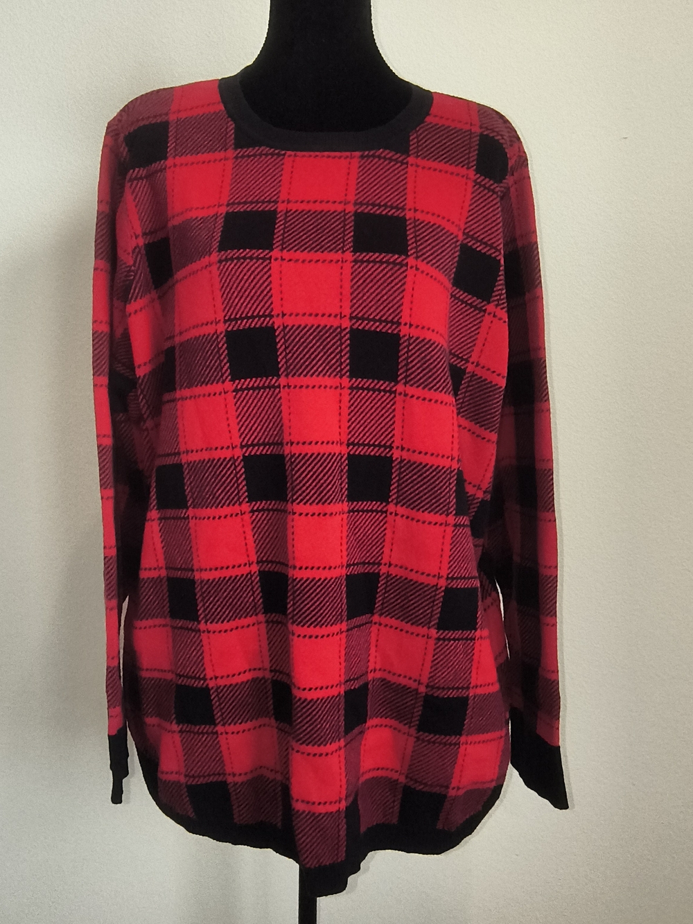 2X Kim Rogers Red and Black Plaid Crewneck Sweater 100% Cotton